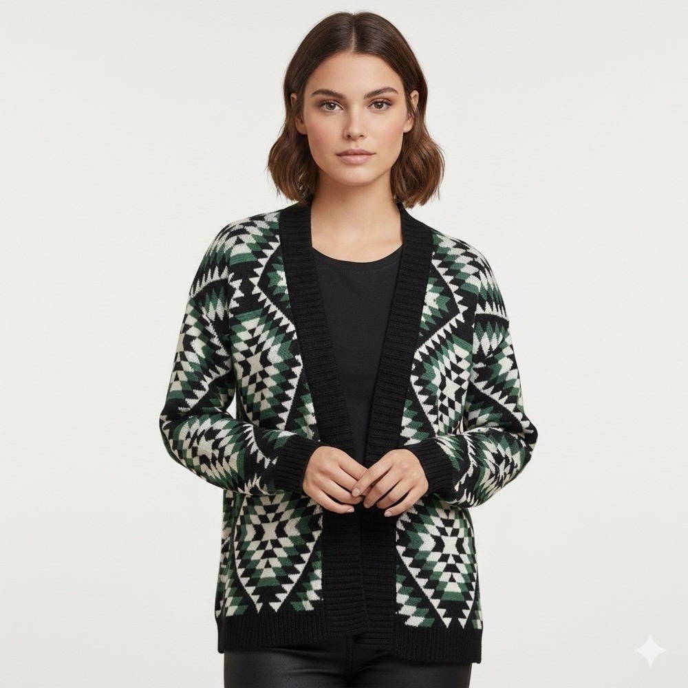 Bear Dance Womens Size‎ Small Cardigan Sweater Green White Black Aztec Geometric